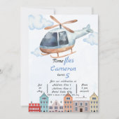 ブルーウォーター色の都市ヘリコプター誕生日 招待状 (正面)