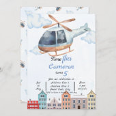 ブルーウォーター色の都市ヘリコプター誕生日 招待状 (正面/裏面)