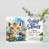ブルーウォーター色アドベンチャータイガーかわいい赤ちゃんシャワー 招待状 (スタンド正面)
