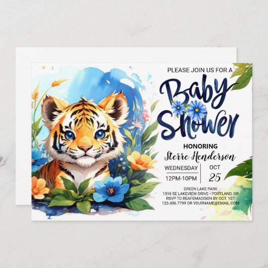 ブルーウォーター色アドベンチャータイガーかわいい赤ちゃんシャワー 招待状 (正面/裏面)