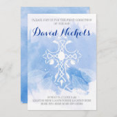 ブルーウォーター色クロス葉ファーストホリー聖餐式 招待状 (正面/裏面)