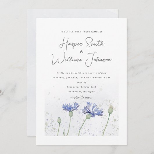 ブルーウォーター色コーンフラワーズ結婚式招待状 招待状 (正面/裏面)