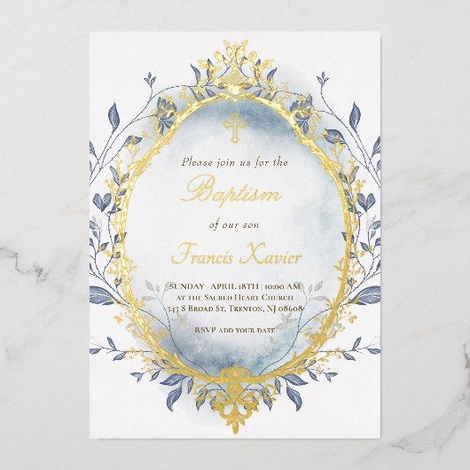 ブルーウォーター色シルバーフレーム冬バプテスマ 箔招待状 (正面)