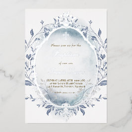 ブルーウォーター色シルバーフレーム冬バプテスマ 箔招待状
