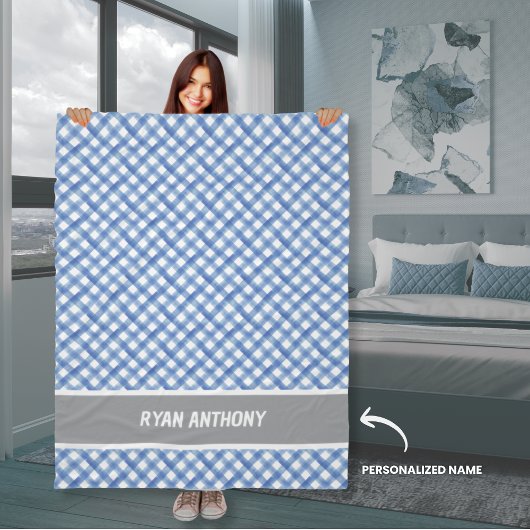 ブルーウォーター色ジンガム市松模様にプライド男の子名 フリースブランケット