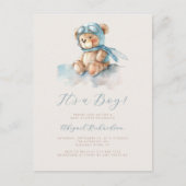ブルーウォーター色テディベア男の子ベビーシャワー ポストカード (正面)