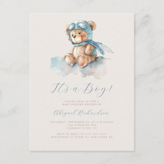 ブルーウォーター色テディベア男の子ベビーシャワー ポストカード (正面)