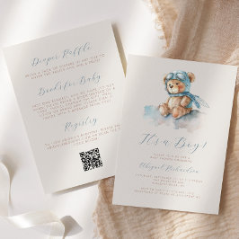 ブルーウォーター色テディベアQRコードボーイベビーシャワー 招待状