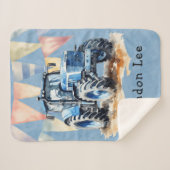 ブルーウォーター色トラクター男の子ベビーシャワーギフト シェルパブランケット (正面(横))