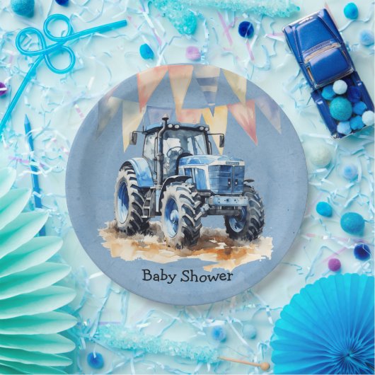 ブルーウォーター色トラクター男の子ベビーシャワー ペーパープレート (パーティー)
