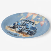 ブルーウォーター色トラクター男の子ベビーシャワー ペーパープレート (アングル)