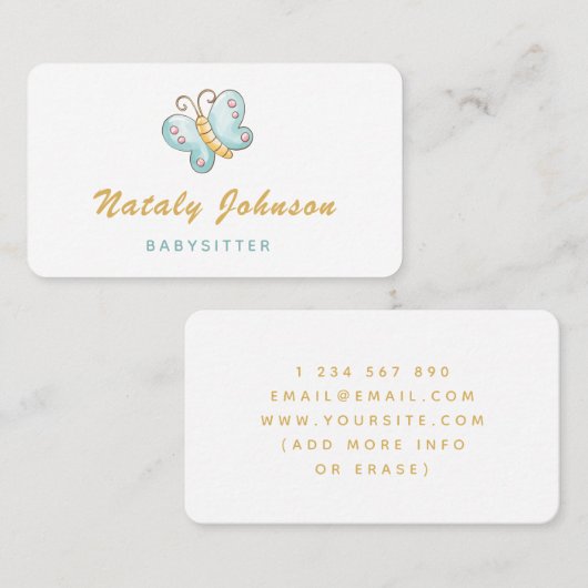 ブルーウォーター色バタフライバビーシッターミニマルかわいい 名刺 (正面/裏面)
