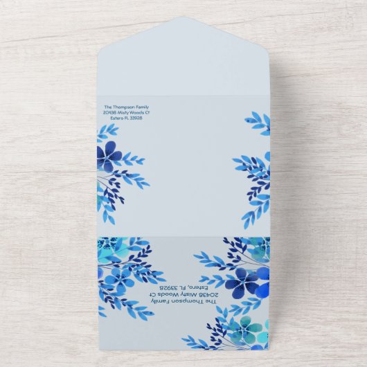 ブルーウォーター色フローラすべて1つの結婚式の招待 オールインワン招待状 (外側)