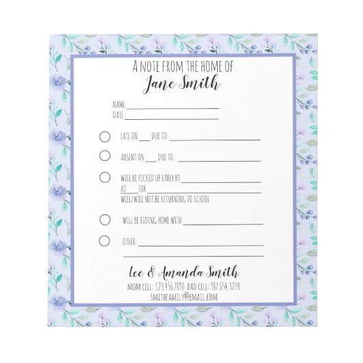 ブルーウォーター色フローラスクールノート弁解1子 ノートパッド (正面)