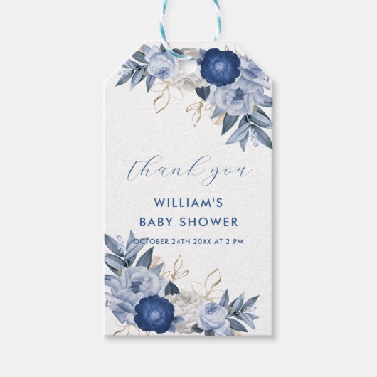 ブルーウォーター色フローラベビーシャワーありがとう ギフトタグ (正面)