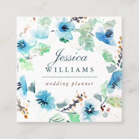 ブルーウォーター色フローラリース名刺 スクエア名刺 (正面)
