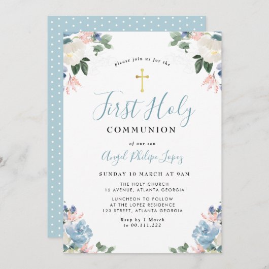 ブルーウォーター色フローラ最初の聖餐式 招待状 (正面/裏面)
