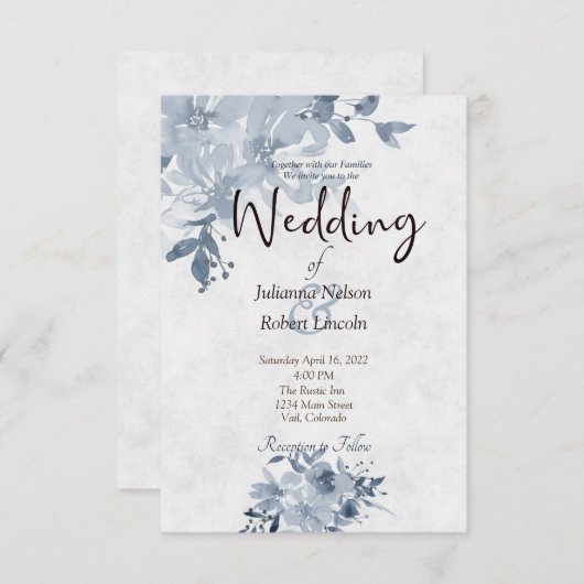 ブルーウォーター色フローラ結婚式招待状 招待状 (正面/裏面)