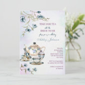 ブルーウォーター色フローラ茶パーティーブライダルシャワー 招待状 (スタンド正面)