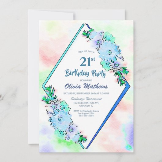 ブルーウォーター色フローラ21st誕生日 招待状 (正面)