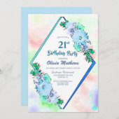 ブルーウォーター色フローラ21st誕生日 招待状 (正面/裏面)