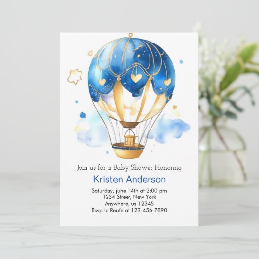 ブルーウォーター色ホットエアバルーンボーイベビーシャワー 招待状 (スタンド正面)