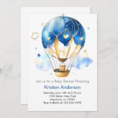 ブルーウォーター色ホットエアバルーンボーイベビーシャワー 招待状 (正面/裏面)