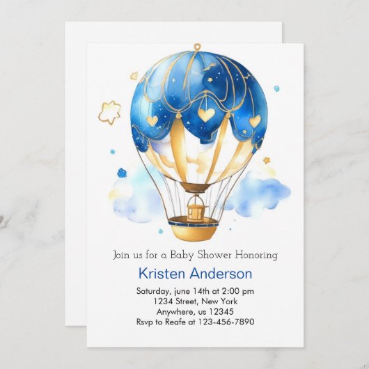 ブルーウォーター色ホットエアバルーンボーイベビーシャワー 招待状 (正面/裏面)
