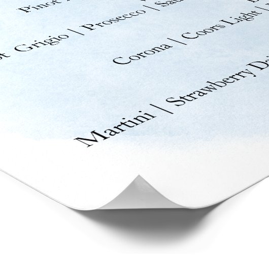 ブルーウォーター色ホワイトローズ結婚のドリンクのメニューサイン ポスター (角)