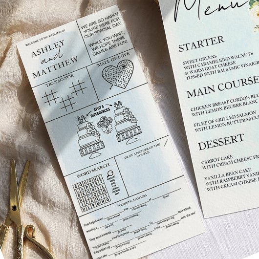 ブルーウォーター色ホワイトローズ結婚のメニュー座席表