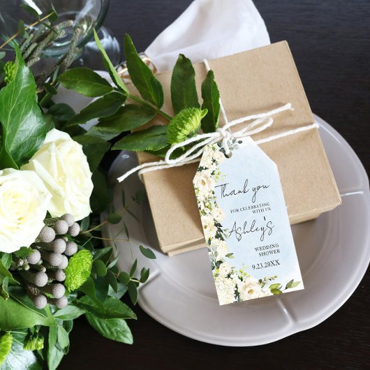 ブルーウォーター色ホワイトローズ結婚の感謝のお願い ギフトタグ