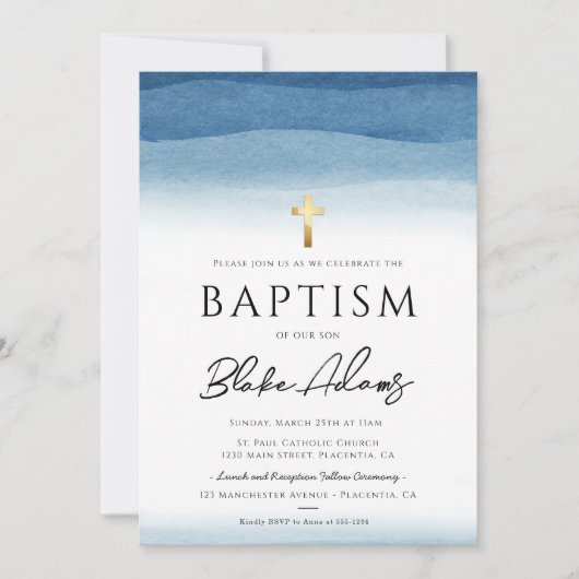 ブルーウォーター色ミニマリスト少年バプテスマ 招待状 (正面)