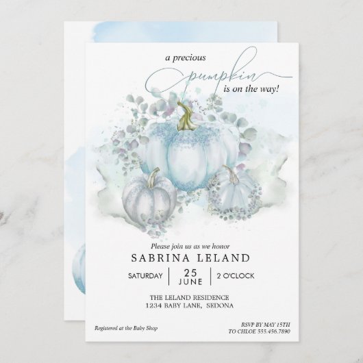ブルーウォーター色リトルカボチャ男の子ベイビーシャワー 招待状 (正面/裏面)