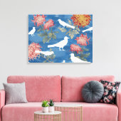 ブルーウォーター色ヴィンテージ花と鳥 キャンバスプリント (インサイチュ (リビング))