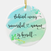 ブルーウォーター色成功した女性のタイポグラフィ写真 セラミックオーナメント (正面)