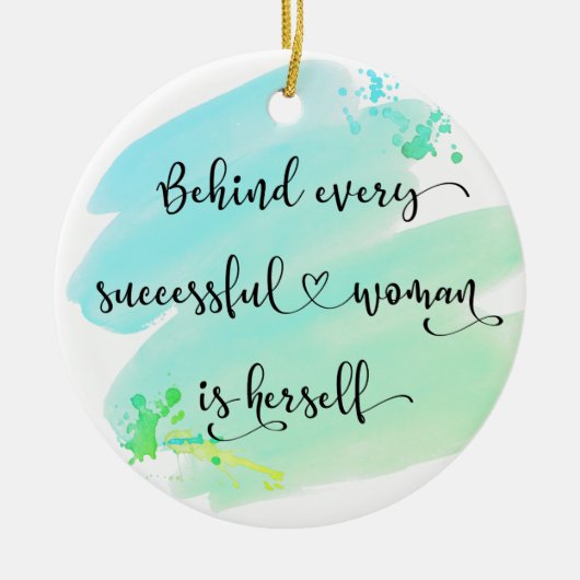 ブルーウォーター色成功した女性のタイポグラフィ写真 セラミックオーナメント (正面)