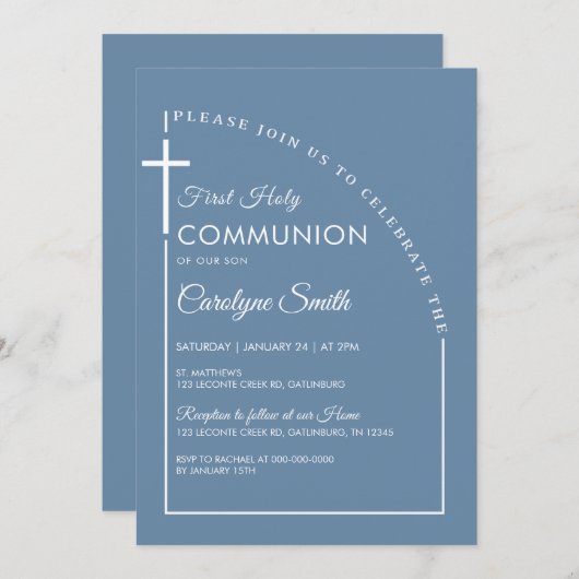ブルーウォーター色最初の聖餐式の少年 招待状 (正面/裏面)