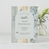 ブルーウォーター色花模様蝶50誕生日 招待状 (スタンド正面)