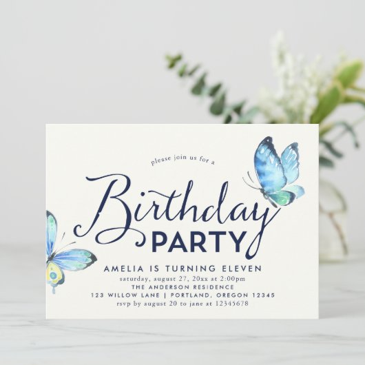 ブルーウォーター色蝶誕生日招待状 招待状 (スタンド正面)
