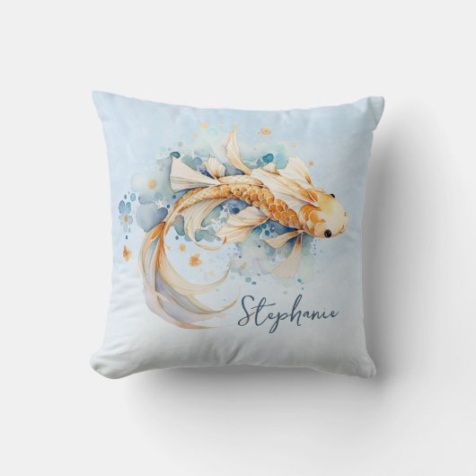 ブルーウォーター色金ゴールドコイ魚パーソナライズされた クッション (正面)