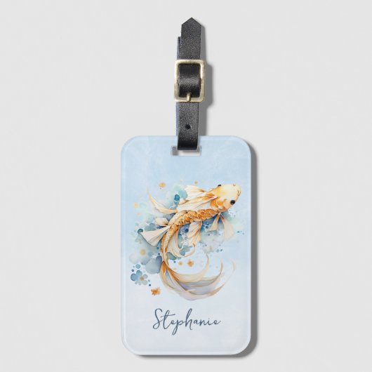 ブルーウォーター色金ゴールドコイ魚パーソナライズされた ラゲッジタグ (正面縦)