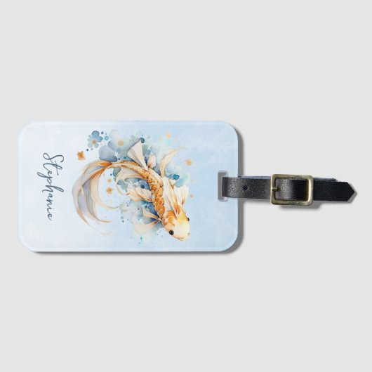 ブルーウォーター色金ゴールドコイ魚パーソナライズされた ラゲッジタグ (正面横)