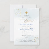 ブルーウォーター色金ゴールドバプテスマ+1歳の誕生日 招待状 (正面)