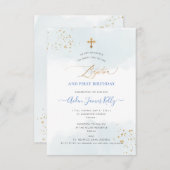 ブルーウォーター色金ゴールドバプテスマ+1歳の誕生日 招待状 (正面/裏面)