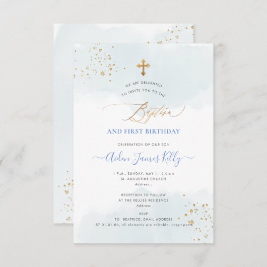 ブルーウォーター色金ゴールドバプテスマ+1歳の誕生日 招待状 (正面/裏面)