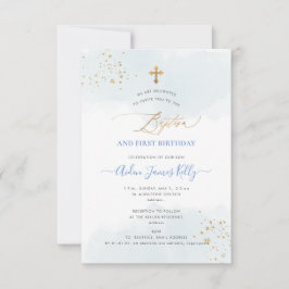 ブルーウォーター色金ゴールドバプテスマ+1歳の誕生日 招待状