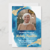 ブルーウォーター色金ゴールドフォトお祝いオブ・ライフ 招待状 (正面)