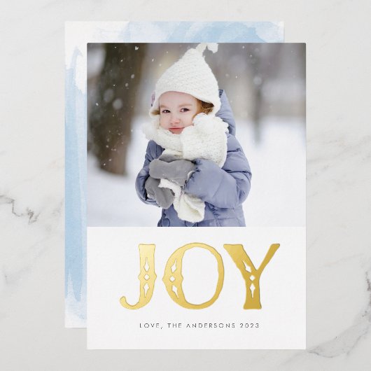 ブルーウォーター色金ゴールドJOYクリスマスフォト 箔シーズンカード (正面/裏面)