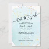 ブルーウォーター色x金ゴールド(ばちゃばちゃ)跳ねるバルミツワー 招待状 (正面)