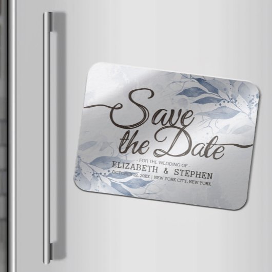 ブルーウォーター葉カラーシックウェディング日付を保存 マグネット